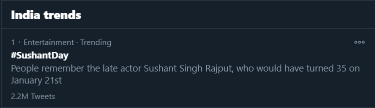 Track Twitter on  #SushantDay 1:57pm :2.2M for  #SushantDay