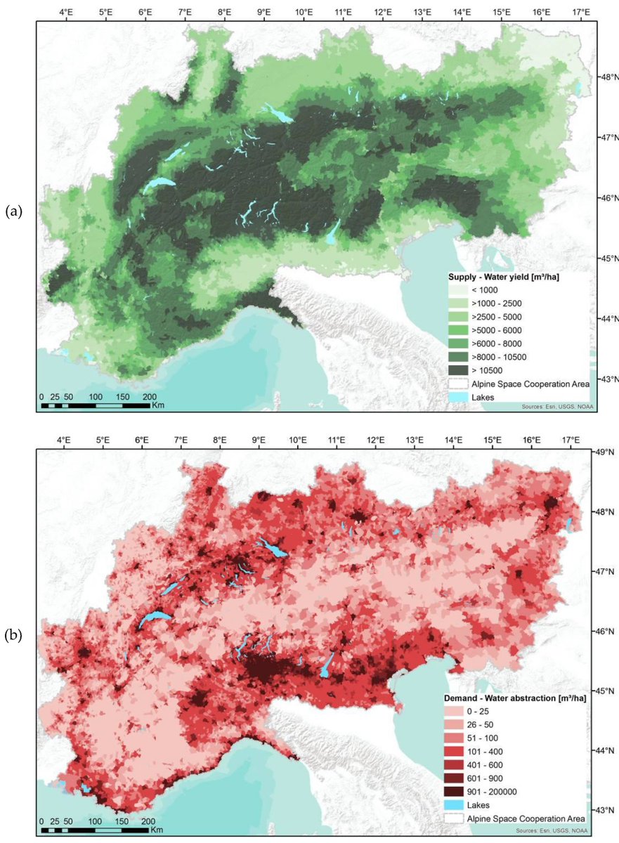 Spatial distribution of (a) current water supply (classification quantiles –> best similarity with hotspots) and (b) current water demand.