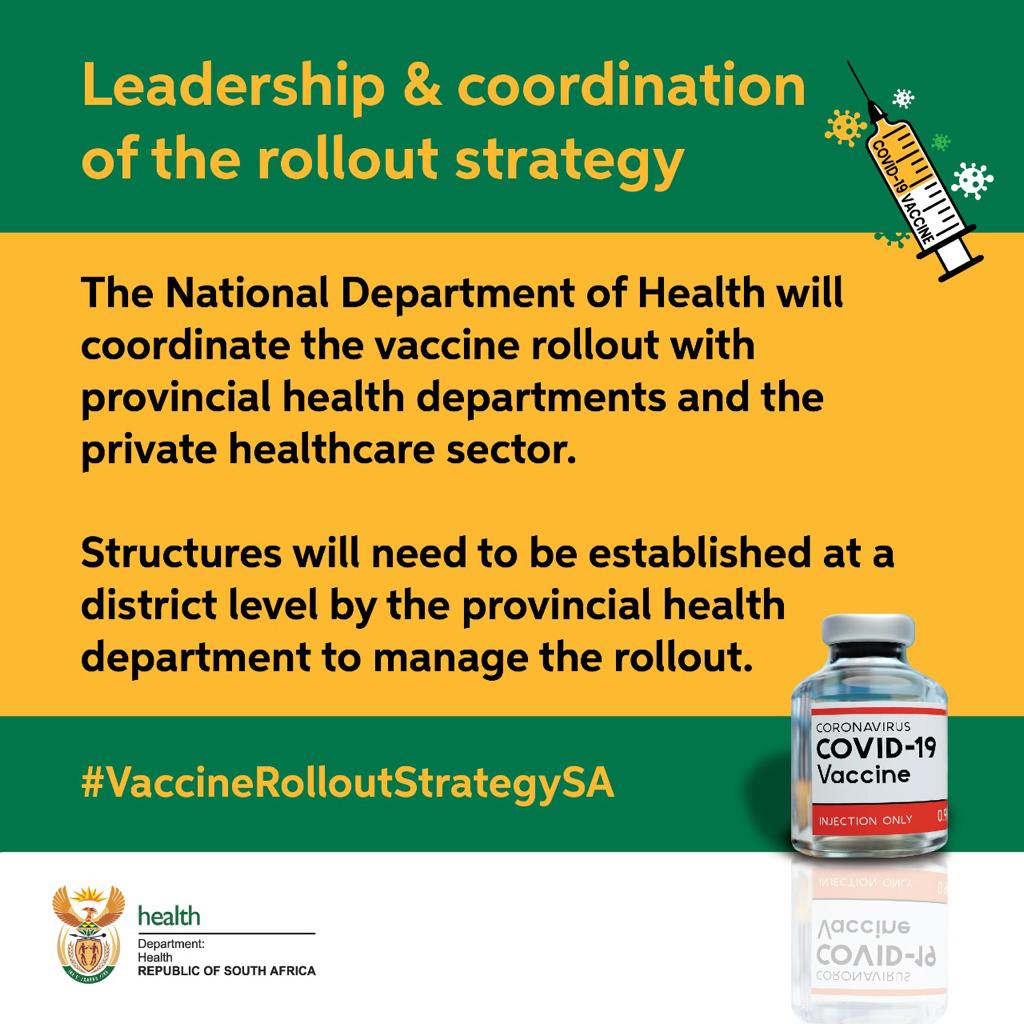 #Covid19SA Government will ensure that the COVID-19 vaccine is accurately distributed to provincial governments and the private sector. #VaccineStrategy #VaccineRolloutStrategySA #VaccineforSouthAfrica