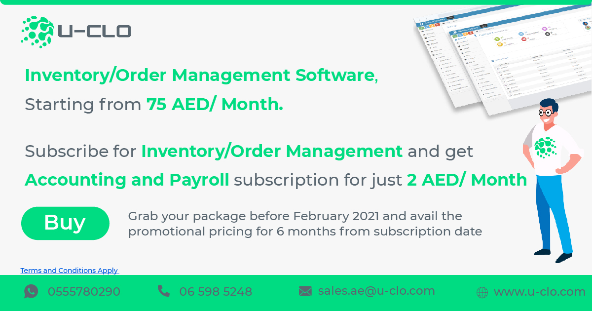 ucloae's tweet photo. Inventory Management Software packages starting from 75 AED/ Month. Subscribe for Inventory/Order Management Package and get Accounting and Payroll Modules at just 2 AED/ Month.

Grab the offer before February 2021, and avail the 6 months promotional subscription packages. https://t.co/kC3KCd5Ddn
