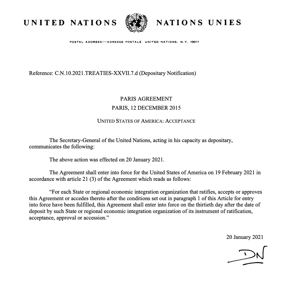 Leo Hickman President Biden Has Now Signed The Executive Order Which Means The Us Is Rejoining The Paris Agreement On Climate Change Will Be Deposited With Un Later Today And