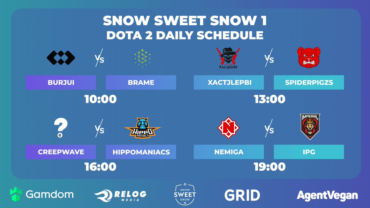 CCT_CS's tweet photo. Get ready, Dota 2 #SnowSweetSnow enthusiasts, here it comes:
#Burjui vs @BrameEsports,
#Xactjlepbi vs #spiderpigzs,
#creepwave vs @hippomaniacs,
@nemigagg vs @Imperial_Dota2
Things get serious today ๐ฅ
See you on https://t.co/LsDNhilOlB, we're starting soon! ๐ https://t.co/PXCiLEJGaj