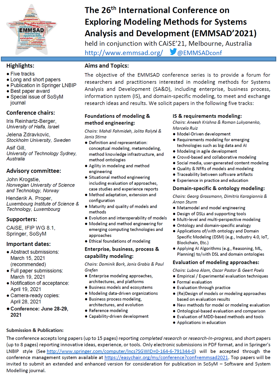 BorkDominik's tweet photo. Two months left to submit your paper to @EMMSADconf #EMMSAD2021!
We offer five different tracks where you can contribute long and short papers.
Proceedings with #LNBIP and best papers are invited for a special issue of @sosym_journal https://t.co/sJ4uYVzdIK