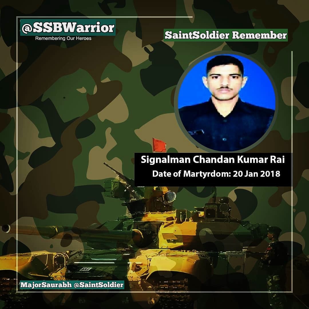 MajorSaurabhSh1's tweet photo. #SSBWarrior & #SaintSoldier remembers Signalman Chandan Kumar Rai on the 3rd anniversary of his "Day of Martyrdom"
Chandan Kumar hailed from #UttarPradesh’ & joined Corps of Signals of #IndianArmy.Whilst serving at LOC, he was martyred at the age of 25 yrs on 20 Jan 2018. https://t.co/mDHT656NU9
