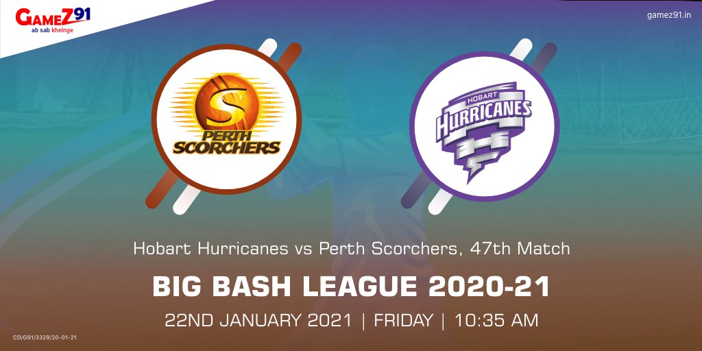 GameZ91official's tweet image. Time for thrilling action between Hobart Hurricanes and Perth Scorchers!
Get ready with your fantasy XI team to win big at games91
#GameZ91 #Games91 #AbSabKhelenge #Cricket #fantasycricket #cricketleague #league #HobartHurricanes #PerthScorchers #BigBashLeague #BigBashLeague2020