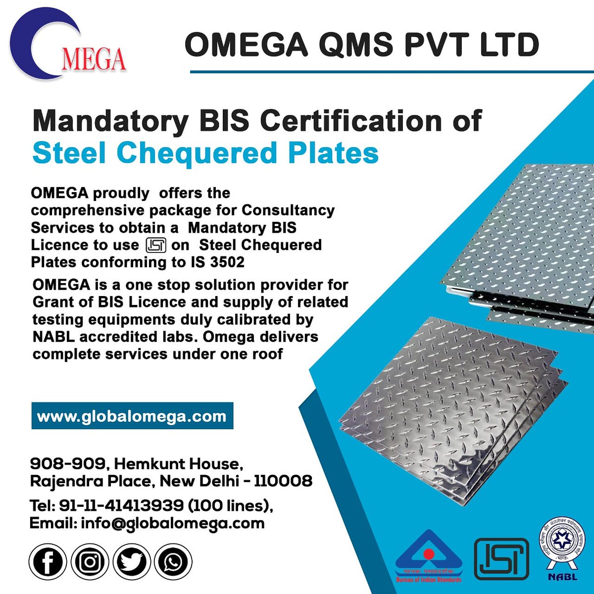 QmsOmega's tweet photo. OMEGA proudly offers a comprehensive package for consultancy services to obtain a mandatory BIS license to use ISI mark on STEEL CHEQUERED plates conforming to IS 3502
#isi #bis #bislicense #business #learning #ccna #career #testingequipments #certificate #like #india https://t.co/qd0e9TNk9O