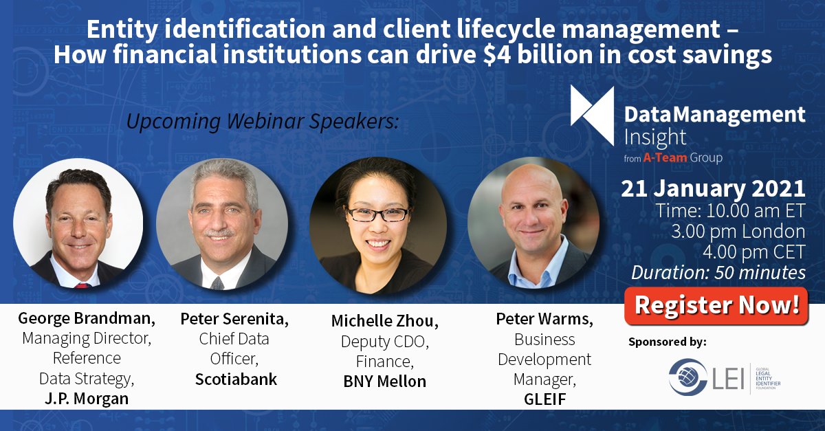 GLEIF's tweet photo. How can financial institutions drive $4 billion in cost savings through entity identification & #CLM? Join us & @ATeamInsight in today’s webinar to find out & know more about the Validation Agent Role. @scotiabank @jpmorgan #LEI #EntityID
Register Now: https://t.co/qluU0dLJWF https://t.co/b5fihQsXn1