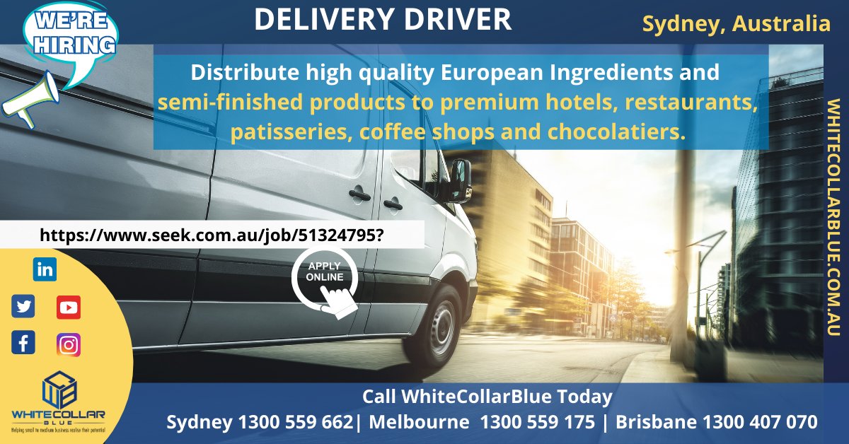 #NowHiring Deliver Driver in Sydney. 

Must have a current Australian driver licence 

Apply via SEEK seek.com.au/job/51324795?

#SydneyJobs
#Sydney
#SydneyDriver
#SydneyDelivery
#JobSeekersAU