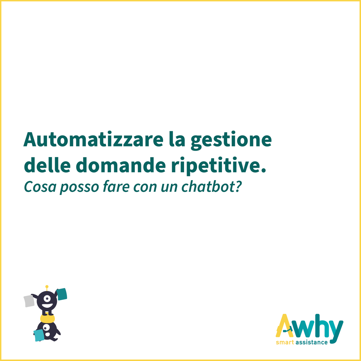 Cosa puoi automatizzare con un #chatbot? 

Abbiamo creato una raccolta di operazioni che puoi facilmente automatizzare 🤖 

Oggi partiamo dalla più semplice: offrire una risposta alle domande dei tuoi clienti, 24/7. 

 #ai #customerservice #automation