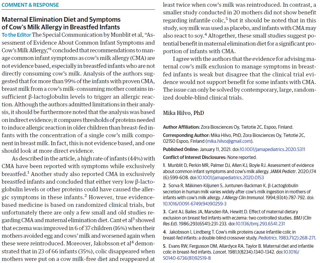 Vauvojen maitoallergian hoitosuositukset nojaavat Suomessakin heikkoon tieteeseen. Kliinikoilla on asiassa jyrkkiä koulukuntaeroja. Vastineeni JAMA Pediatrics-lehdessä. Toivon, että tässäkin edettäisiin näyttöön perustuvaan lääketieteeseen. #EBM #allergia ja.ma/35OYNEw