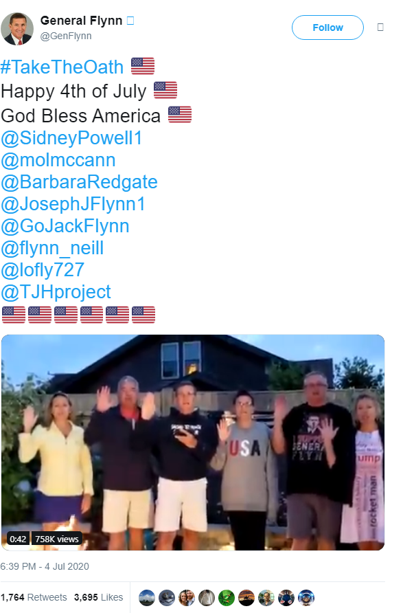 Guess who is being tagged at the top of the 4th of July Qanon oath? Well, it's The Kraken herself, Sidney Powell.