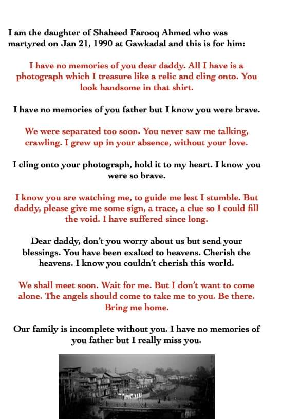 IbnParvez's tweet photo. Daughter of Farooq Ahmad who was among the martyrs that day writes a letter, a prayer, a memorial, an elegy.

#GawKadalMassacre.
#21January1990. https://t.co/ptCXesdPgU