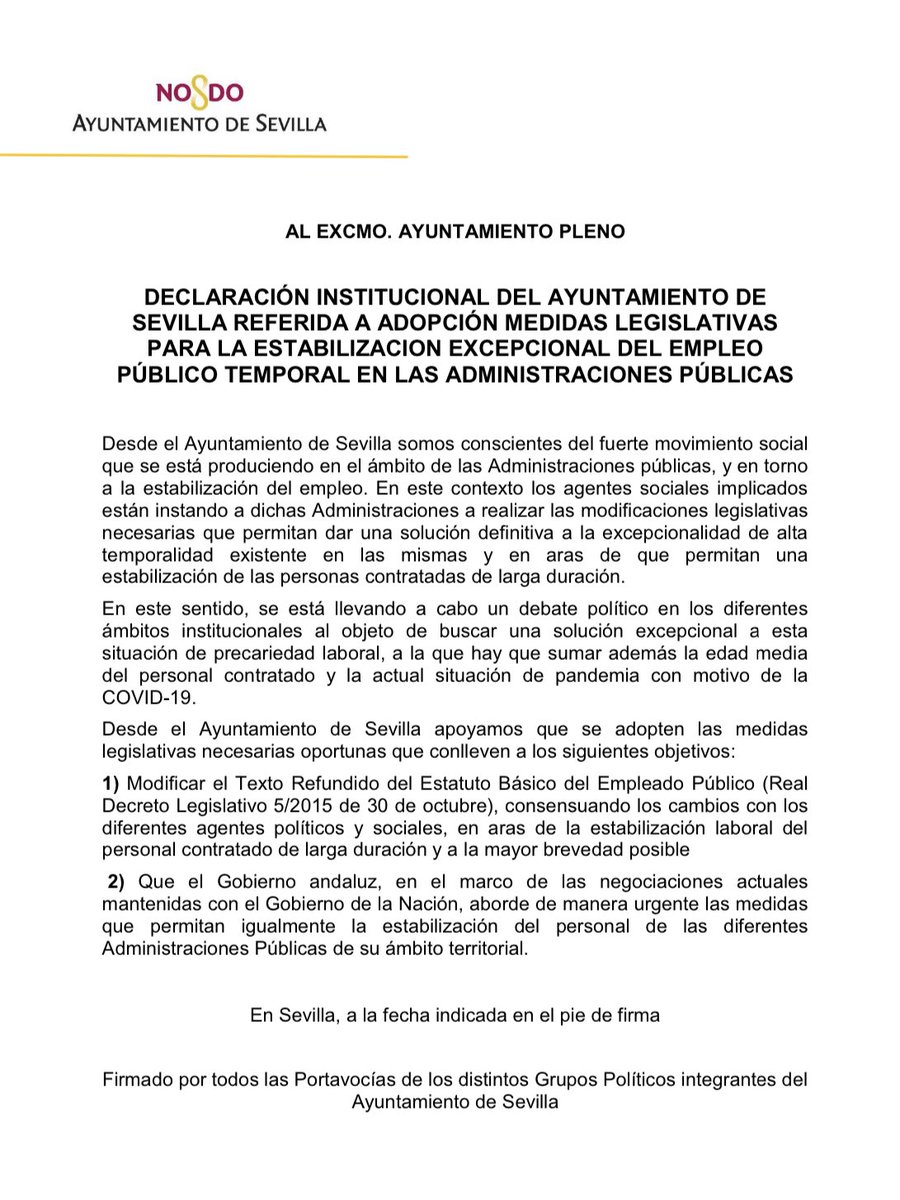 rojosevillano's tweet photo. Se aprueba por unanimidad la declaración que impulsamos junto a @InterinoAytosvq para mostrar el apoyo a que se adopten medidas legislativas para la estabilización excepcional del empleo público temporal https://t.co/7vZ45Xvg33