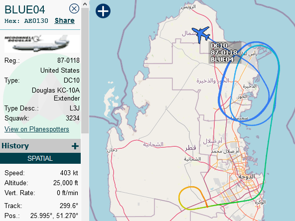 SirListenalot's tweet photo. #KC10 #AE0130 87-0118 as #BLUE04 out of Al Udeid dragging #TREND51, a flight of six ("OH" #F16's?) https://t.co/mY7c4J4LmC