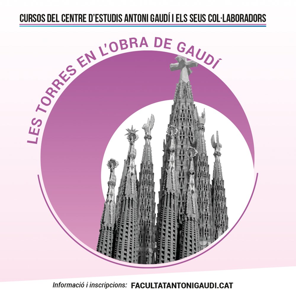 Fac_AntoniGaudi's tweet photo. NOVETAT! El Centre d'estudis Antoni Gaudí i els seus col·laboradors i la Facultat Antoni Gaudí presenten:

🏗 "Les torres en l'obra de Gaudí"

👨‍🎓 Professorat de luxe
📅 Dlls de 22/02-22/03
💻 Tb en línia 
👂 Cursa'l d'oient o amb avaluació (1 ECTS)
➕ INFO https://t.co/YDZqpK5d7Q https://t.co/vyJFf5ltHK