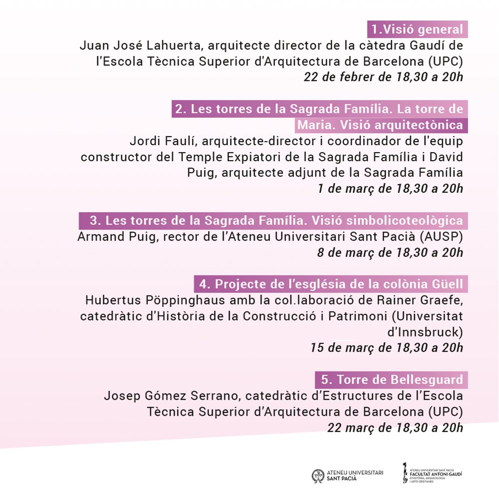 Fac_AntoniGaudi's tweet photo. NOVETAT! El Centre d'estudis Antoni Gaudí i els seus col·laboradors i la Facultat Antoni Gaudí presenten:

🏗 "Les torres en l'obra de Gaudí"

👨‍🎓 Professorat de luxe
📅 Dlls de 22/02-22/03
💻 Tb en línia 
👂 Cursa'l d'oient o amb avaluació (1 ECTS)
➕ INFO https://t.co/YDZqpK5d7Q https://t.co/vyJFf5ltHK