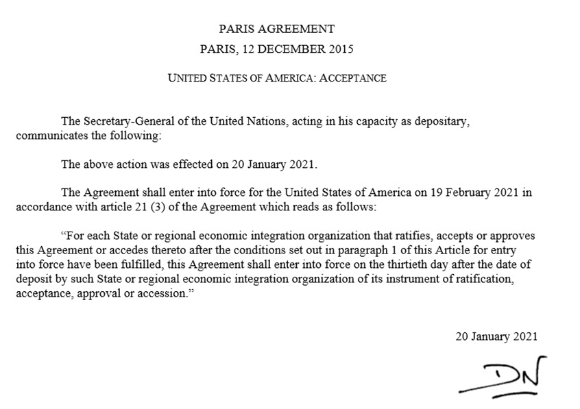 UNFCCC's tweet photo. The US #ParisAgreement reentry notification has been deposited with the @UN. Read the reaction of top UN officials: https://t.co/baBMBkOT0v https://t.co/TVBr8X5BAF
