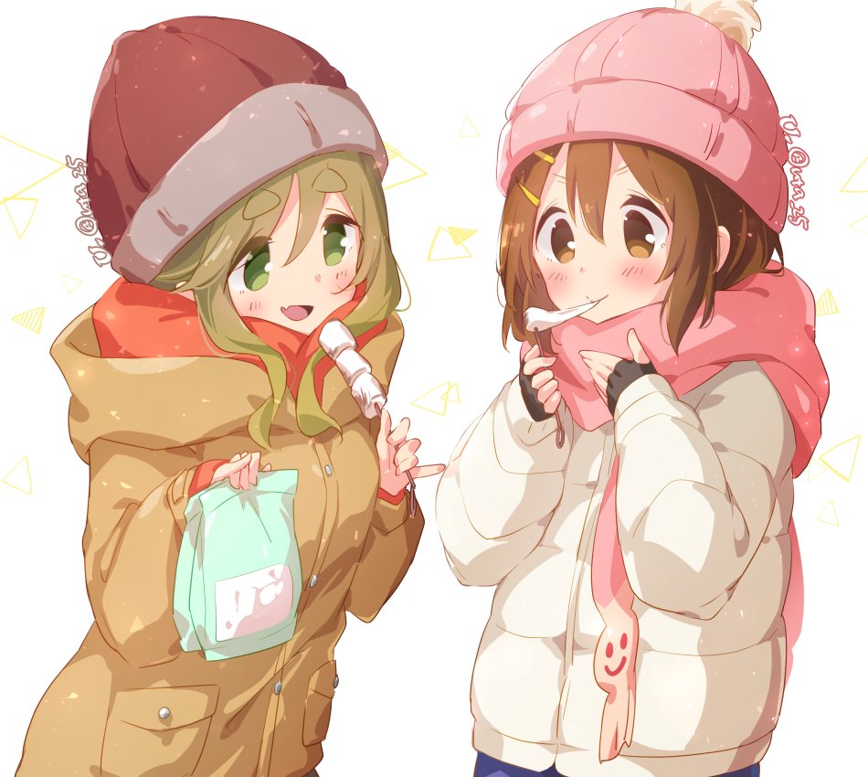 hirasawa yui ,inuyama aoi multiple girls 2girls brown hair hat beanie green eyes scarf  illustration images