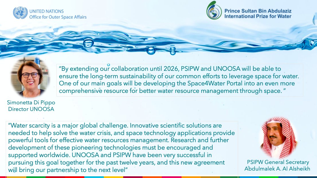 UNOOSA's tweet photo. #UNOOSA & #PSIPW have renewed their long-standing agreement to promote the use of #space-based #technology for better #water resource management through #Space4Water!
Read the press release: https://t.co/lfWl5wldHP (1/3) https://t.co/7UyPfp5oUu