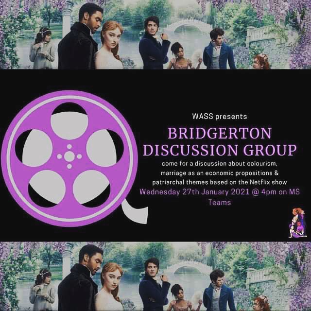 UWASS's tweet photo. There’s no doubt that Shonda Rhime’s can put on a ✨show ✨but as much as we loved Bridgerton, it raised some questions about colourism, the patriarchy and marriage as an economic proposition. Join us on the 27th where we’ll explore this and more. Teams link is in our bio 💜💜💜 https://t.co/jfY9KCtEXC
