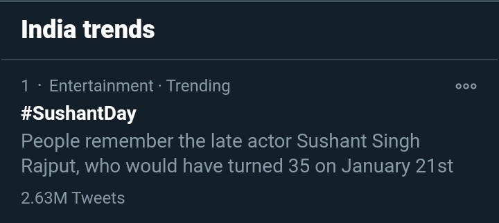 Track Twitter on our beloved Sushant Singh Rajput birthday  #SushantDay 3:07pm : 2.63M for  #SushantDay