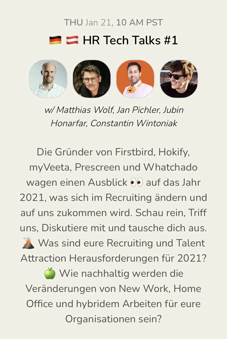 It's #clubhouse time !! Heute Abend um 19h diskutiere ich mich den Gründern von @firstbird <a href="/myveeta/">myVeeta</a> <a href="/prescreen_io/">prescreen_io</a> <a href="/hokify/">hokify</a> über Trends, Chancen und sonstigen Recruiting Themen 2021! 

Let's talk!!

<a href="/whatchado/">whatchado</a>