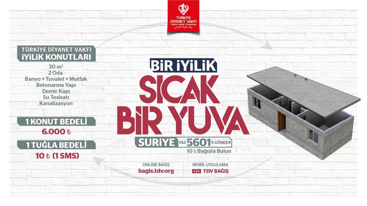 DiyanetVakfi's tweet photo. Suriyeli savaş mağduru ailelerin başlarını sokacak sıcak yuvalar inşa ediyoruz. 

Siz de bu iyiliğe ortak olmak için SURİYE yazıp 5601’e SMS göndererek 10 TL bağışta bulunabilir ya da https://t.co/oMTpeiVqmo adresinden online bağış yapabilirsiniz. 

#BirİyilikSıcakBirYuva https://t.co/sJXt3mODID