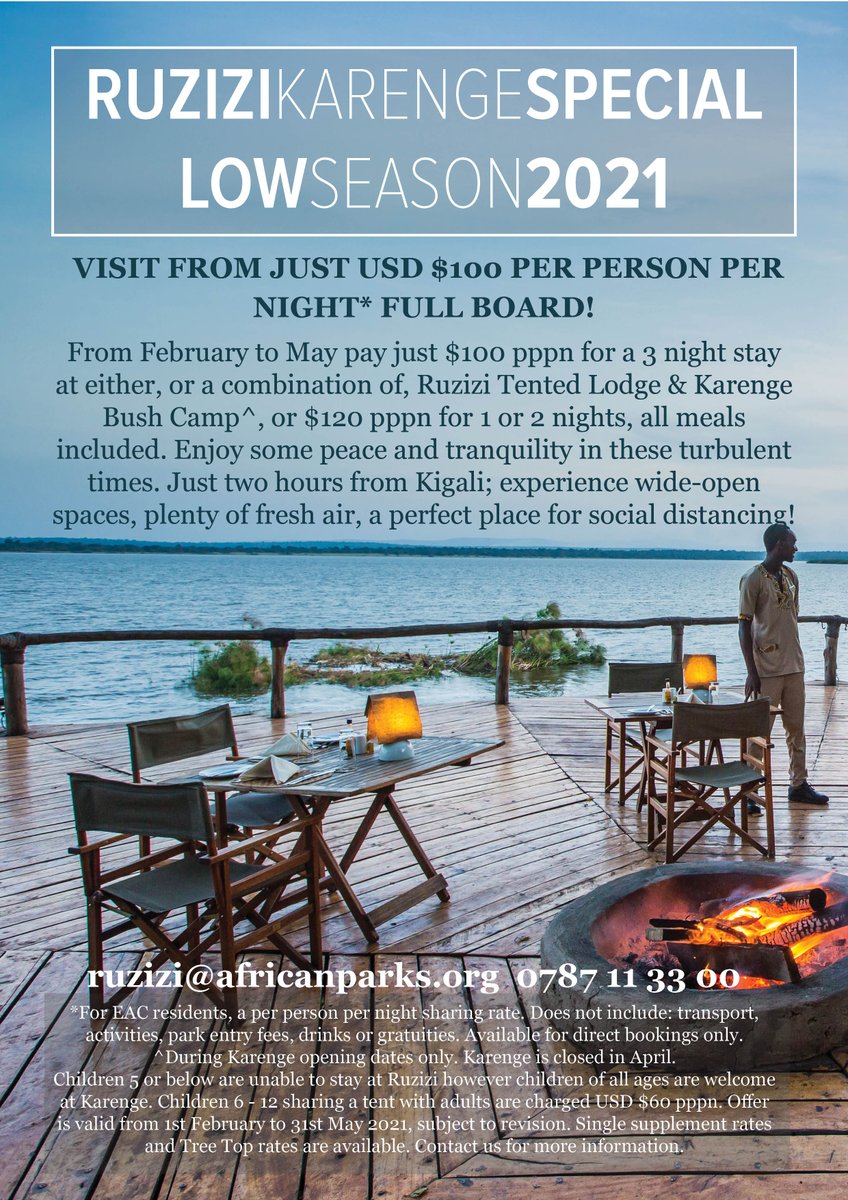 AkageraPark's tweet photo. We are excited to share #RuziziTentedLodge and #KarengeBushCamp specials for domestic tourists. From 1st February to 31st May 2021, you can stay at Ruzizi or Karenge from $120 per night or two or $100 for three nights or more. #OurAkagera #VisitRwanda #StaySafe https://t.co/64GqhdsyKd