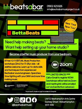 WolvesVRT's tweet image. Great opportunity for young people as Beatsabar Music Project is offering 8x Free 1-2-1 Virtual music production workshops for 17-25yr olds. All abilities welcome. you can register at eventbrite.co.uk/e/bettabeat-se…