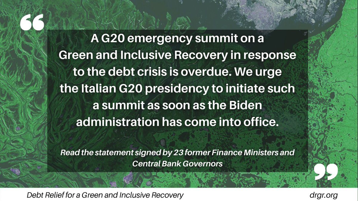 Leaders from Germany, India, Brazil, South Africa, Ireland, Nigeria, Chile, Colombia, Peru, Barbados, Bangladesh, Seychelles, Maldives, Uganda, Kenya, Thailand, Pakistan & Sierra Leone have signed & encourage a  @g20org emergency summit on debt relief:  https://drgr.org/2021/01/15/statement-on-debt-relief-for-a-green-and-inclusive-recovery/