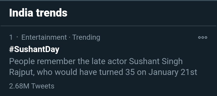 Track Twitter on our beloved Sushant Singh Rajput birthday.  #SushantDay 3:19pm :2.68M for  #SushantDay