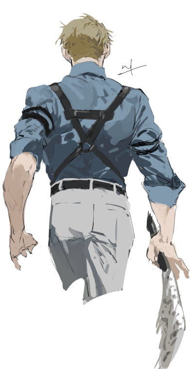 nanami kento 1boy male focus shirt solo holding pants blue shirt  illustration images
