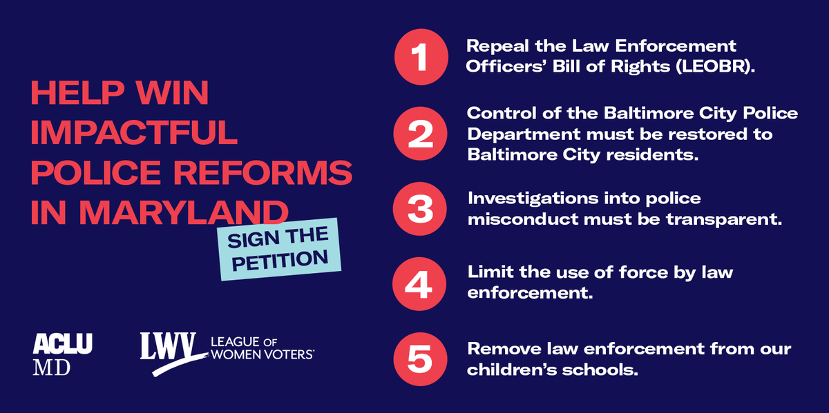 Did you know that LWVMD Supports Police Accountability Reforms? Learn more today: lwvmd.org/lwvmd_supports…

#policereform #petition #LWV