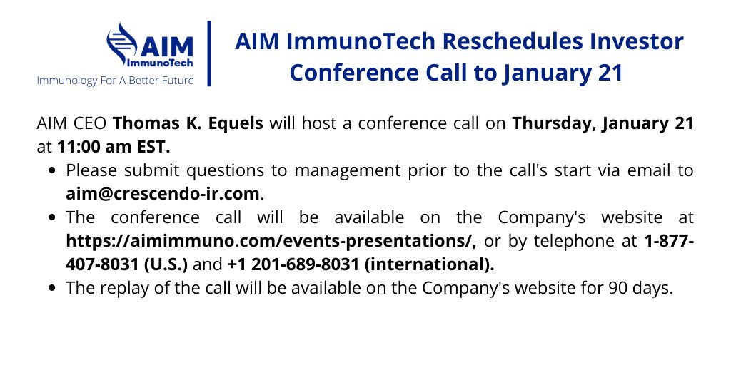 Final Reminder: $AIM will host an investor #conferencecall today at 11:00 am EST. CEO will discuss the latest #COVID19 #mecfs and #cancer research and important achievements. For more details: aimimmuno.com/press-release/… #chronicfatigue #ampligen #investment #LongCovid #longhaulers