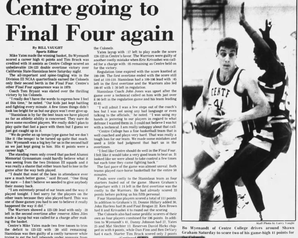 KYHSHistory's tweet photo. Best game you probably never saw. March 12, 1989. It was played in Danville, KY.
Centre advanced to the D-3 Final Four with a Double-OT 124-123 thriller over Cal-State Stanislaus.
Mike Yates had the game-winner. https://t.co/ZztLXAG1ns