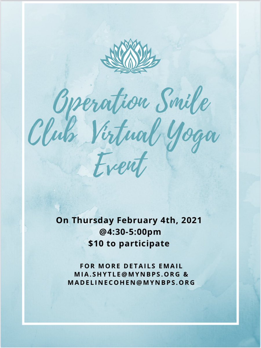 Come help raise awareness and participate in the NBPS Operation Smile Club’s virtual yoga event on February 4th <a href="/4/">w</a>:30-5:00! $10.00 to participate all proceeds will be going towards the Operation Smile Foundation!! <a href="/NBCAO/">NB Prep College Advising Office</a> <a href="/operationsmile/">Operation Smile</a> #ShareyourSmile 😊