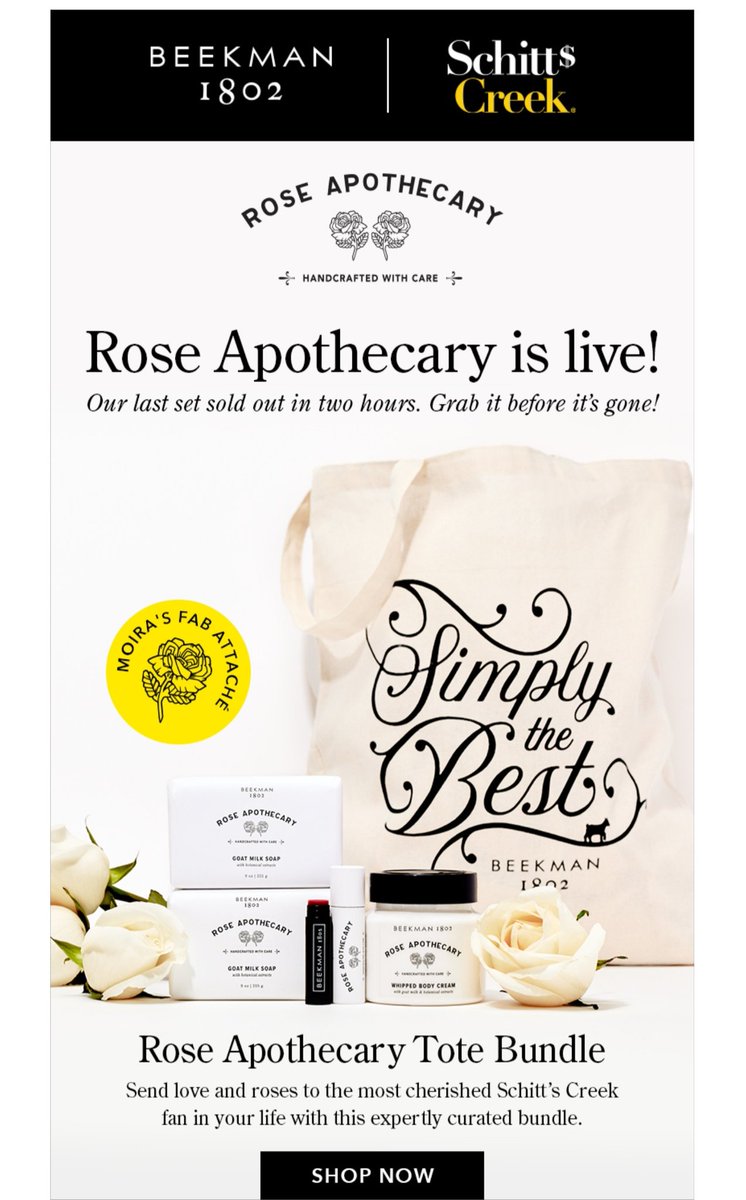 πΉπΉRT @raeraeverret: Schitts Creek, Rose Apothecary items are back in stock. Order has been placed, as they sell FAST!! GOOO!! @Beekman1802Boys have done it again...this stuff smells incredible https://t.co/8hiF5QKlbm