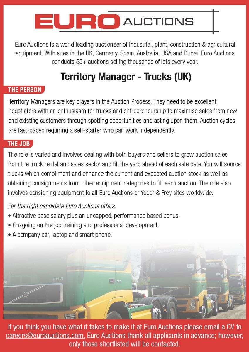 Euro Auctions, a world leading auctioneer of industrial, plant, construction &amp; agricultural  equipment, is recruiting for a Territory Manager. Contact careers@euroauctions.com #ad