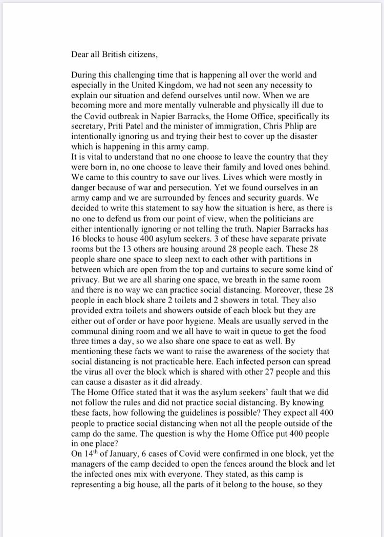 "When we are becoming more and more mentally vulnerable and physically ill... the Home Office are intentionally ignoring us and trying their best to cover up the disaster which is happening in this army camp," say many of the Napier residents, in a joint public letter