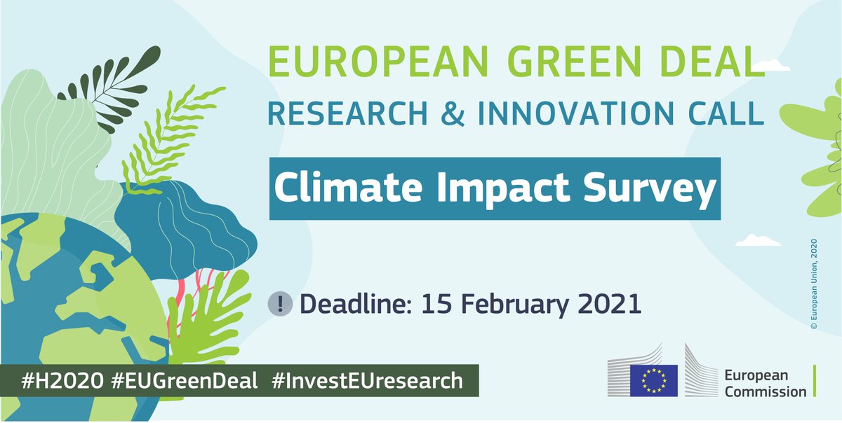 HorizonEU's tweet photo. 📢#EUGreenDeal Call Applicants:
Your projects will deliver solutions towards a climate neutral EU by 2050🌍

👉 Watch out for your personal link to the Climate Impact Survey when you submit your application &amp; help the @EU_Commission shape the future of impact monitoring. https://t.co/16vQ2PcnUs