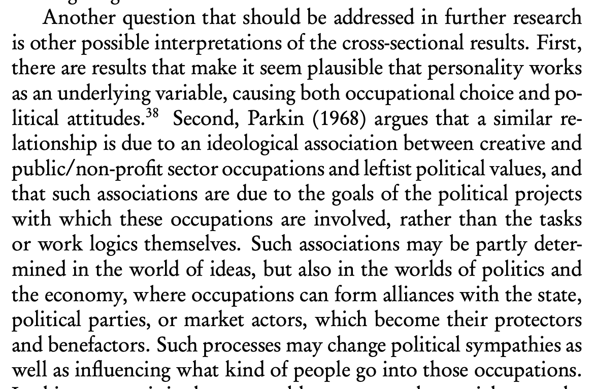 The point I was trying to make is that one can imagine alternative explanations as to why some occupations are associated with certain political values. Here is the full section on this in my dissertation. (These are actually some of the sentences that I'm the most proud of.)