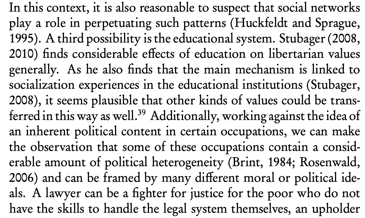 The point I was trying to make is that one can imagine alternative explanations as to why some occupations are associated with certain political values. Here is the full section on this in my dissertation. (These are actually some of the sentences that I'm the most proud of.)