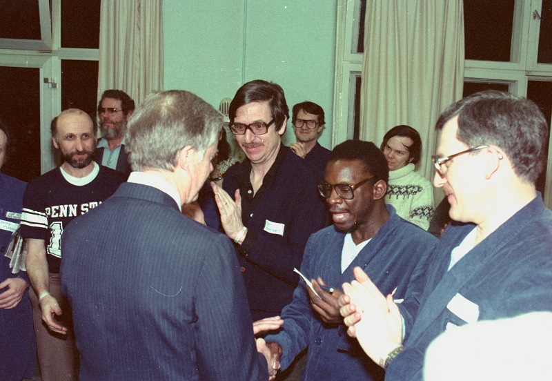 CarterLibrary's tweet photo. #OTD #40YearsAgo President Carter met the Iranian hostages at Rhein-Main Air Base in Germany. "I spoke to each one, tried to say something about their background or their family, and then put my arms around them." WH Diary, p. 515. Photo, NAID 849104 https://t.co/U4oJEOvgwZ