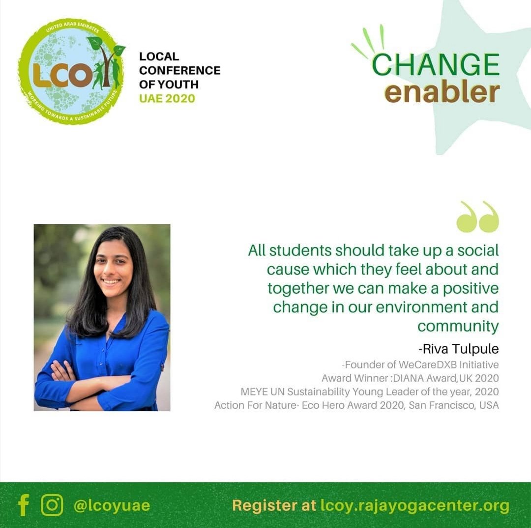 rajayogadubai1's tweet photo. Ms @WeCarebyRiva will be inspiring the youth in UAE and the Middle East in the upcoming first #lcoy UAE, youth conference on #climatechange as a #changeenabler hosted by Raja Yoga Center Environment Initiative. Inviting #uaeyouth #naturelovers #bethechange #beinspired #newme https://t.co/TqRMcO5CjZ