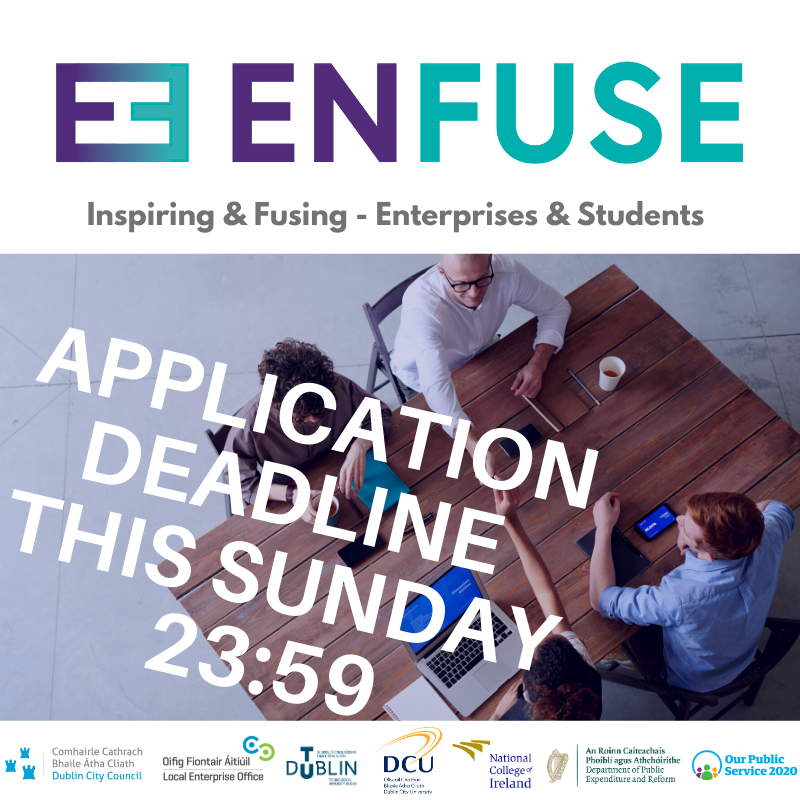 DCCEconDev's tweet photo. #ENFUSE Application Deadline is this Sunday! #ENFUSE helps #Enterprises / #SocialEnterprises in #Dublin with new ideas, market research &amp; a bespoke plan for your enterprise! Apply here: https://t.co/LbwWAOZNXR @ColinJ_Keogh @t_enterprise  @genemurphy @SWDub @StaceyConnolly_ https://t.co/oL7jP3D1UV