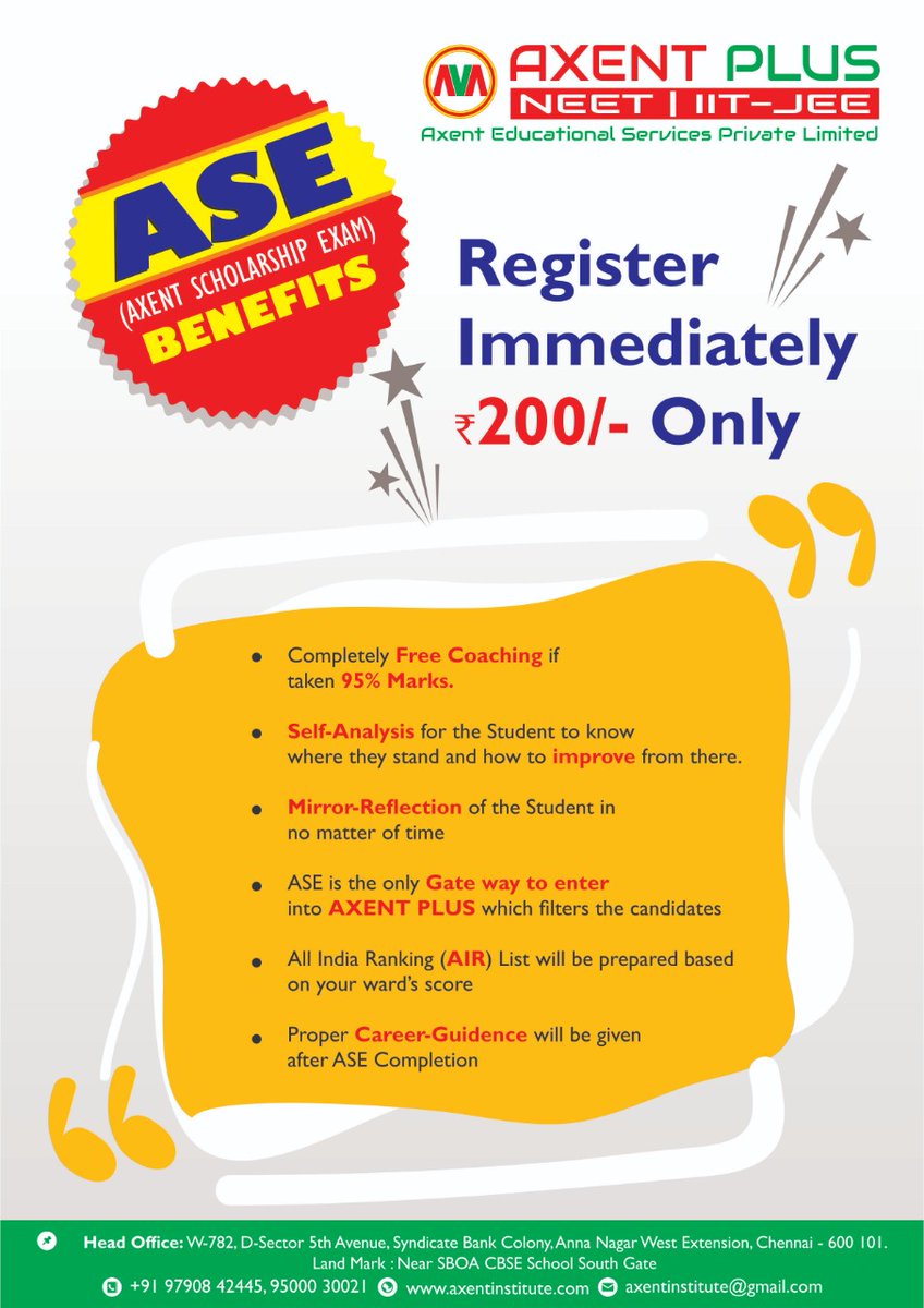 AxentAcademy's tweet photo. Axent Scholarship Exam ( ASE)
 Register immediately 200/- Only✅
#neetpreparation 
#neet2021 
#neetcoaching https://t.co/Szs811W2C8