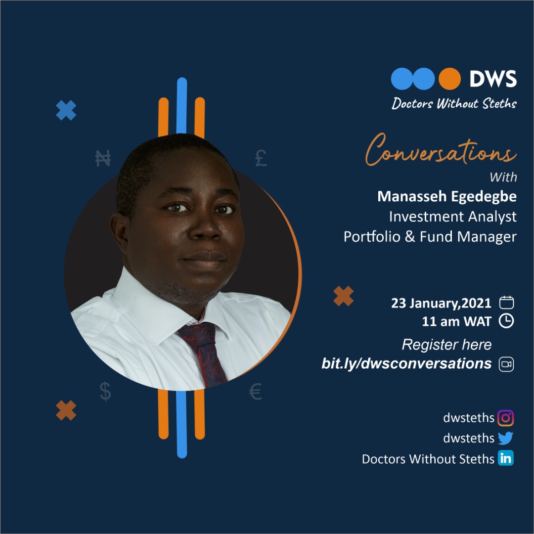 dwsteths's tweet photo. Join us this weekend as we have a #DWSConversation with @knightofdelta, a renowned investment analyst and fund manager. He would be taking us through his journey from medicine to the world of finance.

Date: Saturday 23rd January 2021
Time: 11:00am WAT
Venue: Zoom meetings https://t.co/f8ZHCrJjZQ