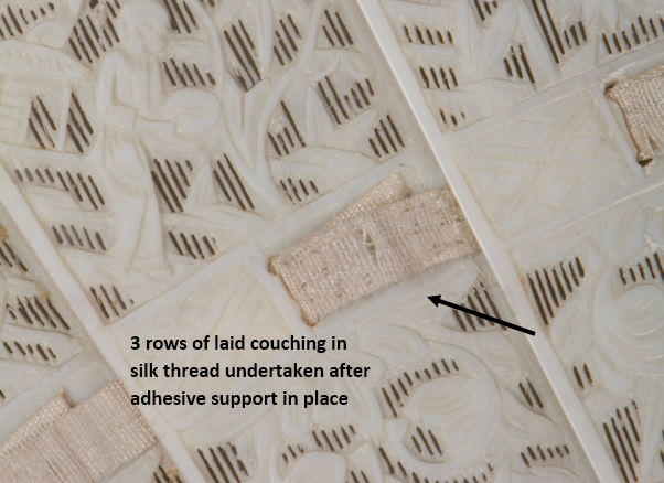 7. Here, a combined stitched and adhesive support was most effective. A Lascaux® support provided full coverage and, with the stitching, was used at a low concentration to avoid stiffening. Lascaux® can be reactivated by acetone which is unharmful to ivory.  #NatSCAConservation
