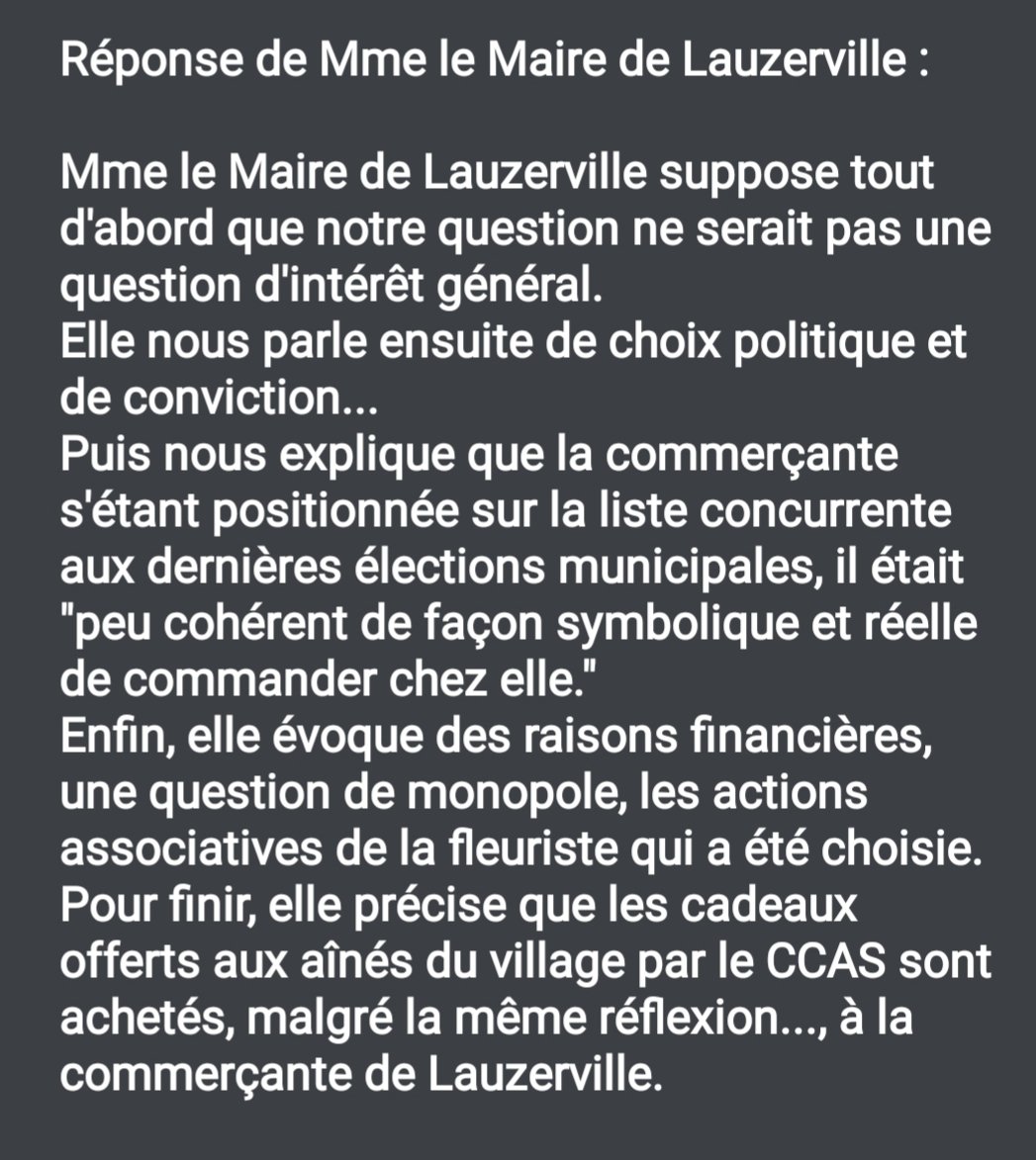 Mme le #MaireLauzerville semble confondre #intérêt général et #intérêt privé.
#QuestionOrale du 17/12/2020