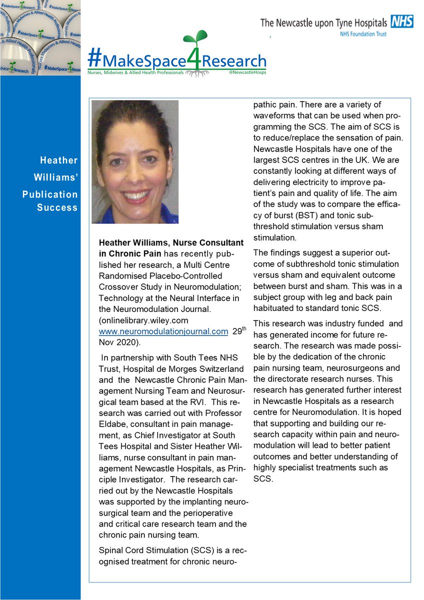 NUTH_NMAHPRes's tweet photo. Well done to Nurse Consultant Heather Williams @NewcastleHosps who published her research in the Neuromodulation Journal!
What's YOUR #ResearchResolution? #MakeSpace4Research
@MCushlow @ianjoy80 @TinkleLin @NuTHResearch https://t.co/8dCLtaNaFq